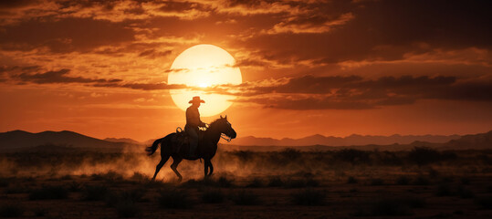 A rugged cowboy, silhouetted against the fiery orange sky, gallops on his trusty steed through the dusty plains.