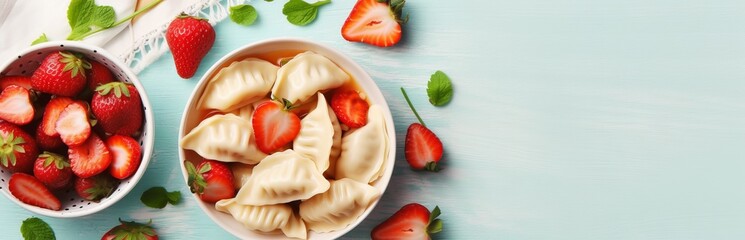 Sweet dumplings with strawberries in a plate. Concept: food made from dough is steamed. Calorie-rich dessert. Banner with copy space
