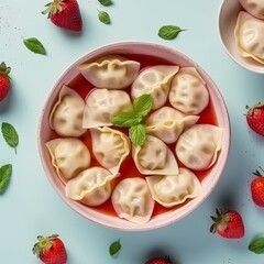 Sweet dumplings with strawberries in a plate. Concept: food made from dough is steamed. Calorie-rich dessert. Banner with copy space
