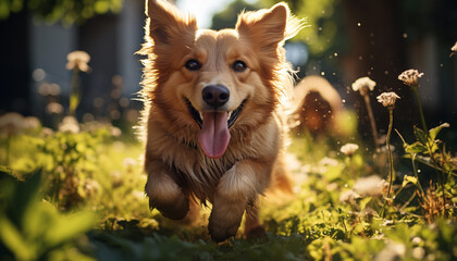 Playful puppy running in the green meadow generated by AI