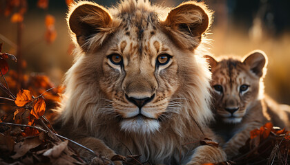 Fototapeta premium Sunset safari, Lion cub hides in grass generated by AI