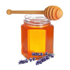 Honey in glass jar, dipper and lavender flowers isolated on white