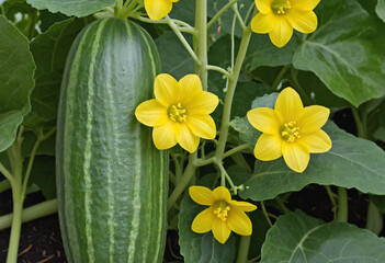 Closeup of cucumber vine with yellow blossoms on cucumber plant