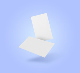 Blank business cards in air on light blue background. Mockup for design