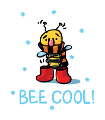 Be cool t-shirt design with funny bee in red felted boots 