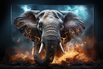 An elephant emerges from the screen of a modern TV. Generated by artificial intelligence