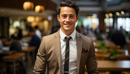 Fototapeta premium Confident businessman smiling, looking at camera outdoors generated by AI