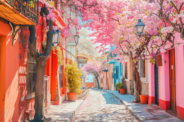 Naklejka premium Vibrant urban typical locations, colorful neighborhoods, travel concept, generative ai
