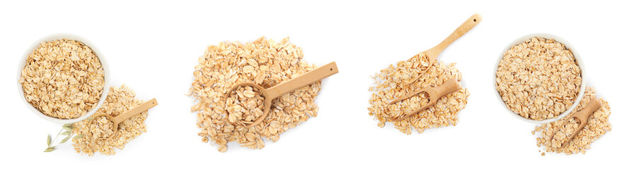 Rolled oats isolated on white, collection. Top view