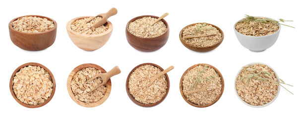 Rolled oats in bowls isolated on white, side and top views