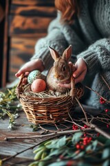 Young woman hold rabbit and painted Easter eggs