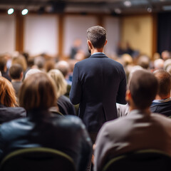 Dynamic Corporate Presentation in Blurred Business Meeting: Rear View of Speaker