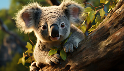 Obraz premium Cute koala sitting on eucalyptus tree branch generated by AI