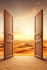 Wooden door open to desert landscape with setting sun