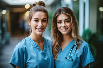 Two young female nurses in blue scrubs smiling - obrazy, fototapety, plakaty