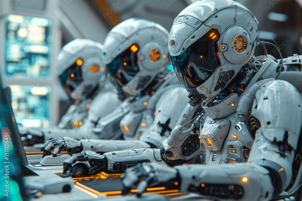 Poster group of robots at laptop computer. a group of robots sitting together in front of a laptop, engaged