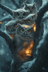 Group of Owls Perched on Tree Branches. Nature Wildlife Photo. A captivating photograph capturing a group of majestic owls sitting on top of a tree