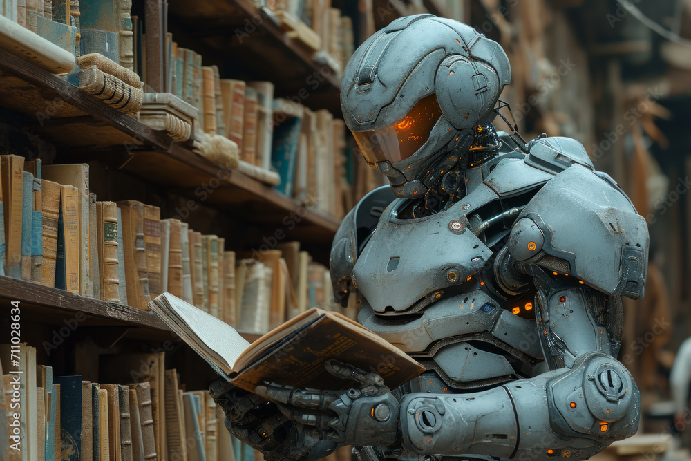 Poster robot reading book in library. technology meets learning in a futuristic setting.