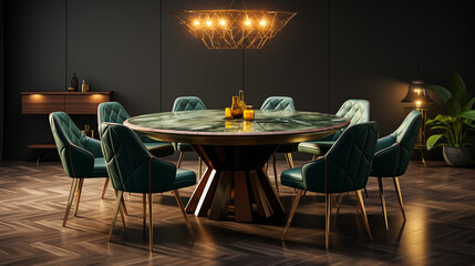 Modern gray dining table with five stylish chairs in loft apartment with wooden floor