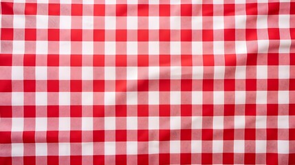Red and white checkered tablecloth. Top view table cloth texture background. Red gingham pattern fabric. Picnic blanket texture. Red table cloth for Italian food menu. Square pattern. 