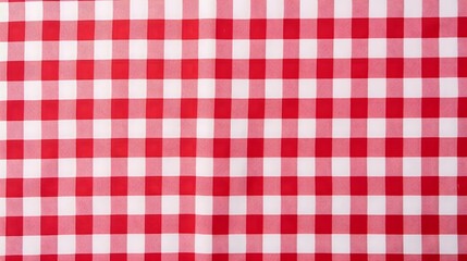 Red and white checkered tablecloth. Top view table cloth texture background. Red gingham pattern fabric. Picnic blanket texture. Red table cloth for Italian food menu. Square pattern. 