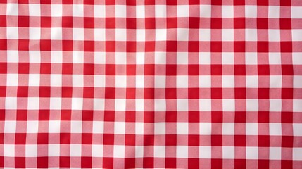 Red and white checkered tablecloth. Top view table cloth texture background. Red gingham pattern fabric. Picnic blanket texture. Red table cloth for Italian food menu. Square pattern.
