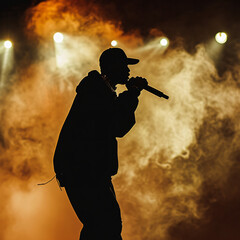 Silhouette of a rapper performing into a microphone, on a stage, smokey background - obrazy, fototapety, plakaty