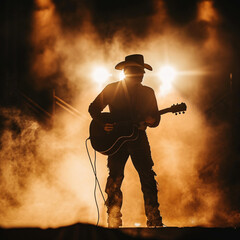 Silhouette of a country singer with a guitar, on a stage at a concert, smokey background