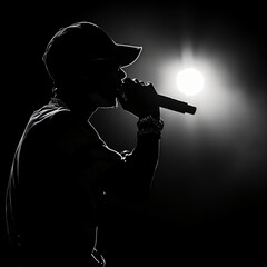 Silhouette of a rapper performing into a microphone, on a stage, smokey background