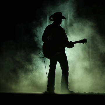 Silhouette of a country singer with a guitar, on a stage at a concert, smokey background	