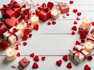 Valentines day background with candles, gift boxes and red hearts on white wooden table (2)