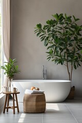 Modern bathroom interior with freestanding bathtub and plants