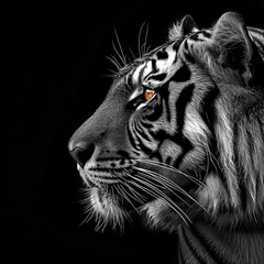 A high quality, high contrast, half profile black and white photograph of a tiger on a solid black background, orange eyes