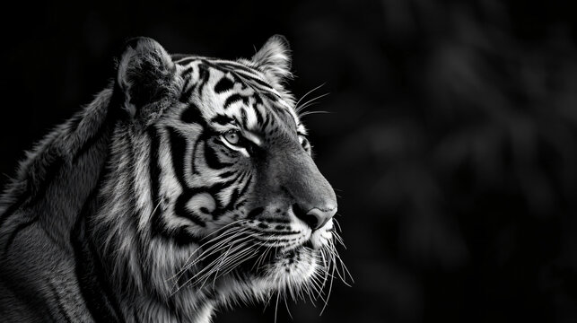 A high quality, high contrast, half profile black and white photograph of a tiger on a solid black background