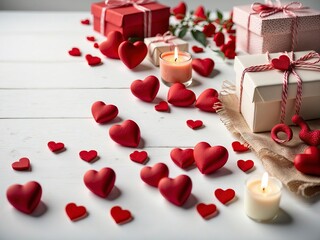 Valentine's day background with red hearts, gift boxes and candles