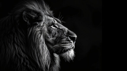A high quality, high contrast, half profile black and white photograph of a lion on a solid black background