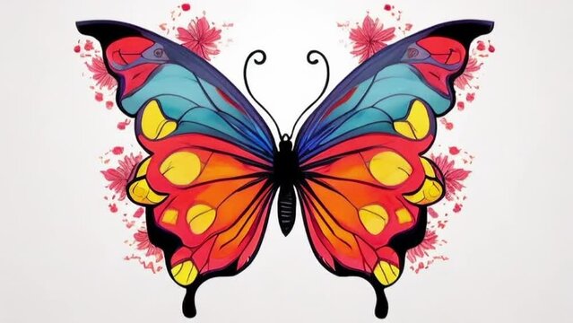 Looping Beautiful Colorful Butterfly Illustration on a White Background