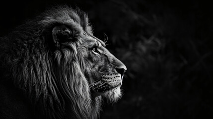 A high quality, high contrast, half profile black and white photograph of a lion on a black background