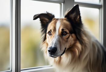 adorable dog looks through the window. at home on the balcony