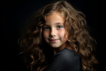 Portrait of a beautiful little girl with long curly hair on a black background