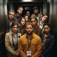 A group of people of different ethnicities stand in an elevator looking at the camera
