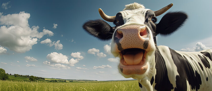 adorable vaca de dibujos animados con la boca abierta en un id&iacute;lico valle verde  con grandes pastos, sobre fondo de cielo azul con nubes blancas