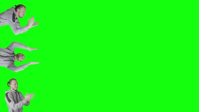 Three men applaud on green screen with copy space
