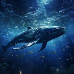 Beautiful whale in the underwater world, incredible beauty whale, big blue photorealistic whale  - obrazy, fototapety, plakaty