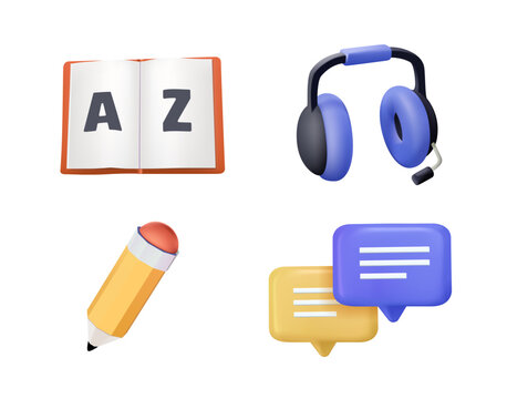 Language skill icon set speaking listening reading writing education test logo vector illustration symbol. 3D icons set. Education illustrations compilation for website design