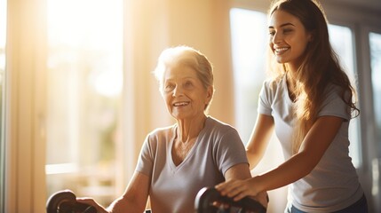 Caregiver assisting elderly woman with walking