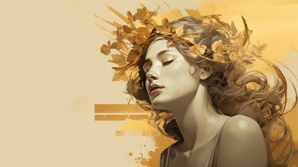 Woman's head crowned with a golden laurel wreath against a subtle gold background , pride and accomplishment , Copy Space