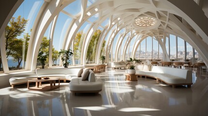Obraz premium Modern interior space with large windows and curved white sofas