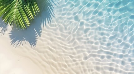 Fototapeta na wymiar top view of water surface with tropical leaf shadow. Shadow of palm leaves on white sand beach. Beautiful abstract background concept banner for summer vacation at the beach. 