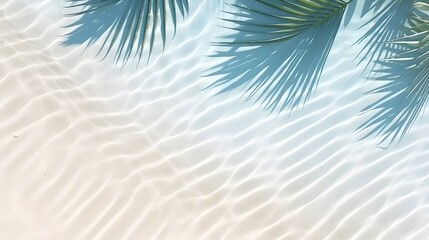top view of water surface with tropical leaf shadow. Shadow of palm leaves on white sand beach. Beautiful abstract background concept banner for summer vacation at the beach. 